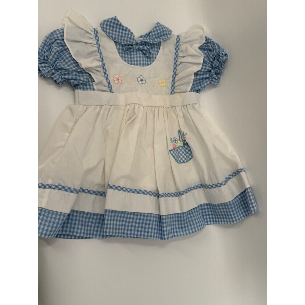 Vintage Gingham Dress Blue & White with Appliqué Embroidery 12 MTHS? See Measure